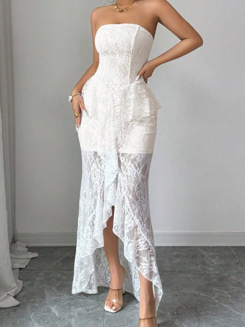 White Elegant Women's Lace Front Fishtail Dress